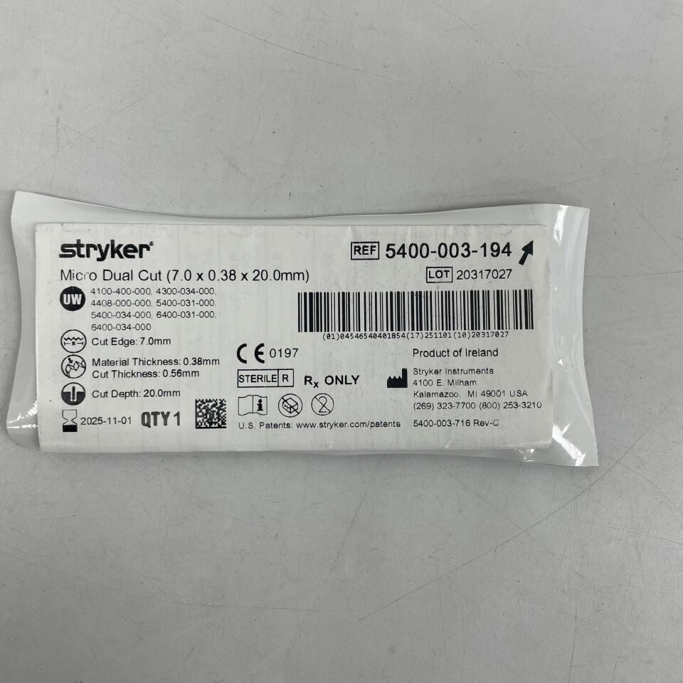 5400-003-194 - STRYKER - Micro Dual-Cut Sagittal Saw Blade 7mm x 20mm x 0.56mm , ( EA ) - ( Expiry Date : 2025-11-01 )
