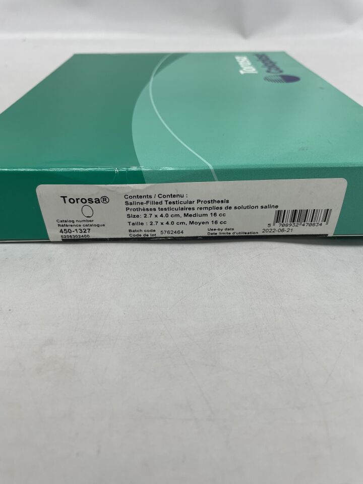 450-1327 - COLOPLAST - Torosa Saline Filled Testicular Prostheses, medium, 16 cc, 2.7 x 4.0 cm, (BX/1) - ( Expiry Date: 2022-06-21 )