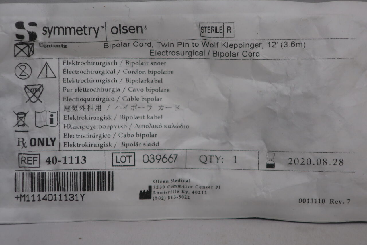 40-1113 - SYMMETRY - Bipolar cord, twin pin to wolf kleppinger 12' (3.6), (EA) - ( Expiry Date: 2020-08-28 )