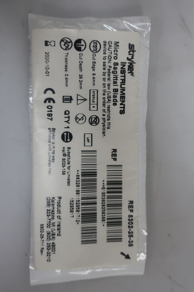 5302-25-38 - STRYKER - Micro Sagittal blade, 9.4MM X 26MM X 0.4MM, (EA) - ( Expiry Date: 2020-10-01 )