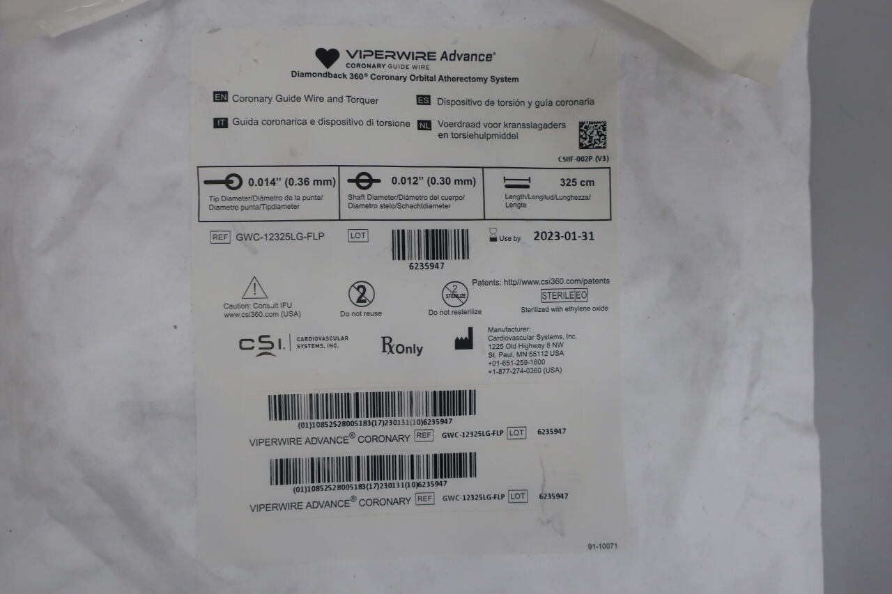 GWC-12325LG-FLP - CSI - VIPERWire Advance Diamondback Coronary Cardiac/peripheral vascular guidewire,012" diameter, .014" Spring Tip, 325cm, () - ( Expiry Date: 2020-06-30 )