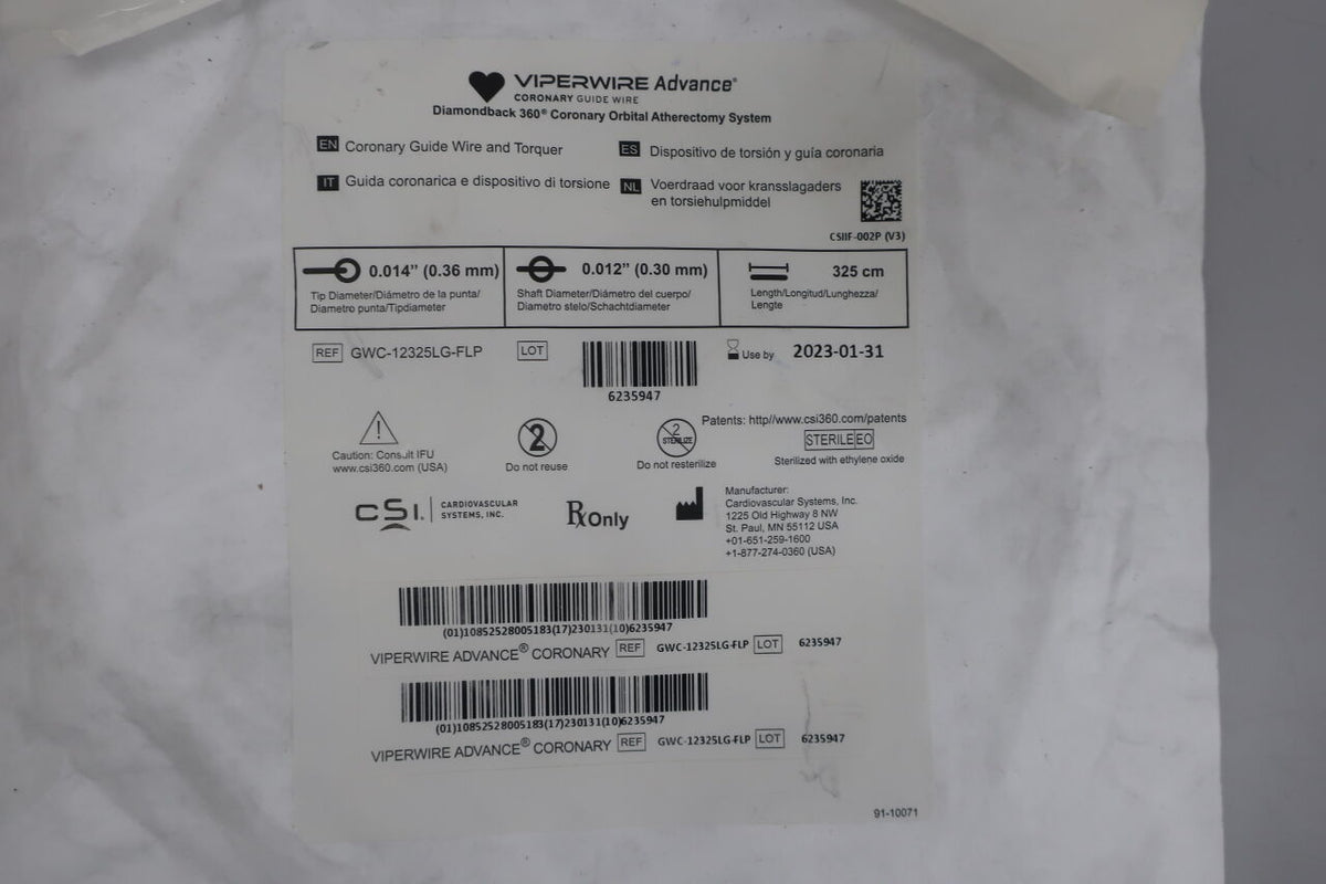 GWC-12325LG-FLP - CSI - VIPERWire Advance Diamondback Coronary Cardiac/peripheral vascular guidewire,012" diameter, .014" Spring Tip, 325cm, ()