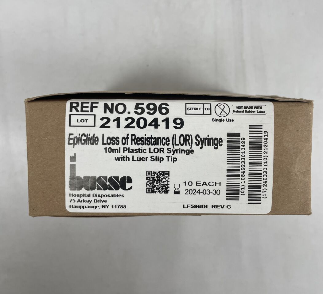 596 - BUSSE - EpiGlide Loss of Resistance (LOR) Syringe, 10ml Plastic, with luer slip tip, (BX/10) - ( Expiry Date: 2024-03-30 )