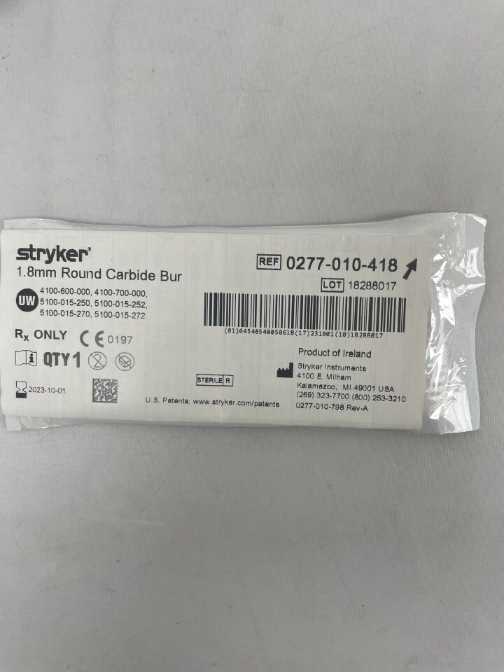 0277-010-418 - STRYKER - 1.8mm Round Carbide Bur, () - ( Expiry Date: 2023-07-01 )
