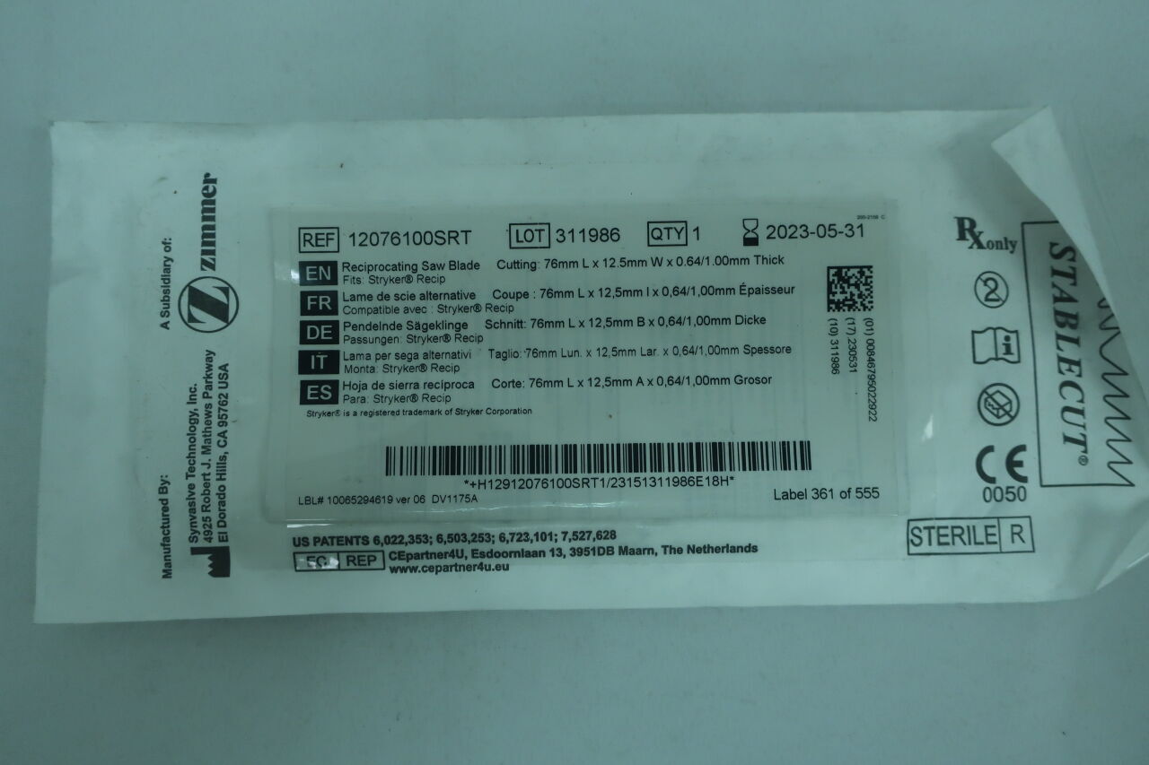 12076100SRT - ZIMMER - Reciprocating saw blade, 76mm L x 12.5mm W x 0.64/1.00mm thick, (EA) - ( Expiry Date: 2023-05-31 )