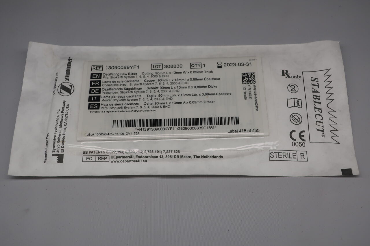 13090089YF1 - ZIMMER - Oscillating saw blade, 90mm L x 13mm W x 0.89mm thick, (EA) - ( Expiry Date: 2023-03-31 )