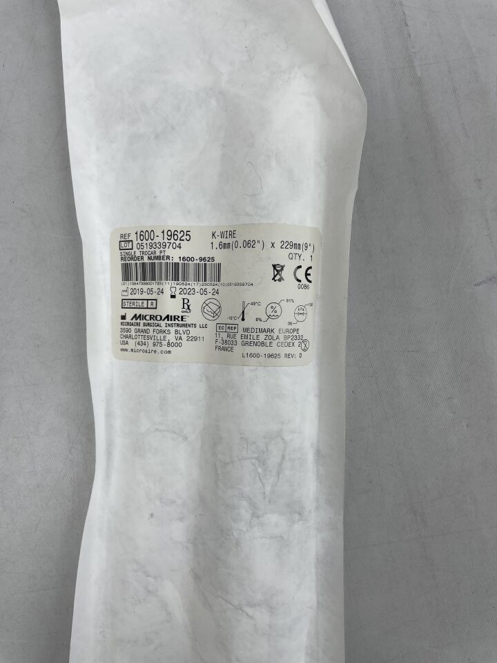 1600-19625 - MICRO-AIRE - K-Wire Single Trocar PT, 1.6mm x 229mm, (EA) - ( Expiry Date: 2023-05-24 )