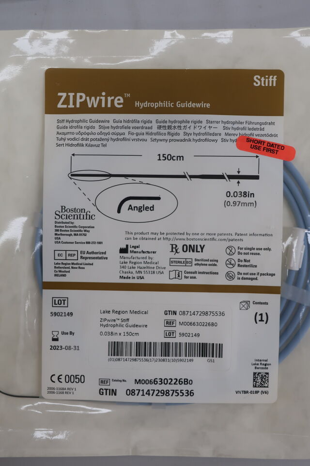 630226B - BOSTON SCIENTIFIC - ZIPwire HYDROPHOLIC GUIDEWIRE, stiff, angled, 0.025inch diameter x 150cm, (EA) - ( Expiry Date: 2023-08-31 )