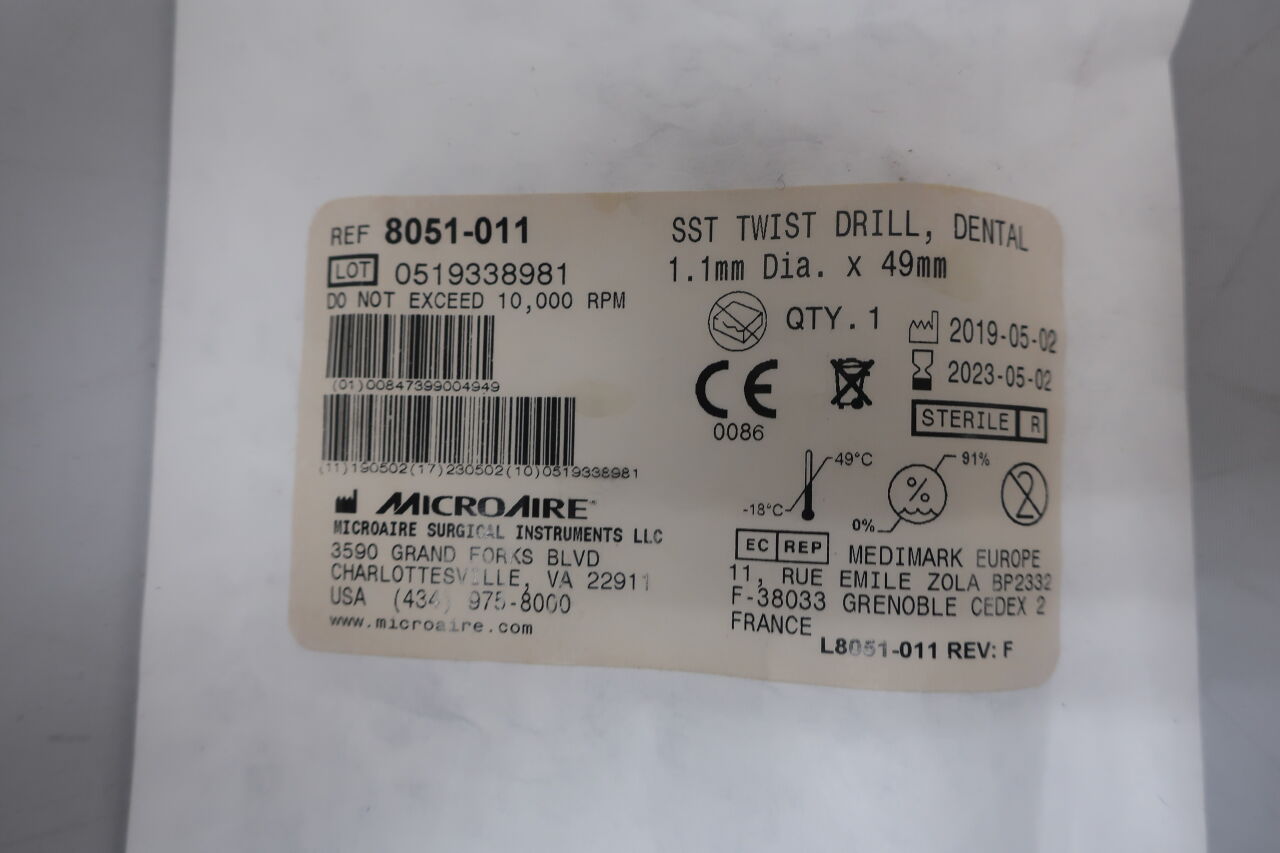 8051-011 - MICRO-AIRE - SST TWIST DRILL, DENTAL, 1.1mm Dia. x 49mm, (EA) - ( Expiry Date: 2023-04-01 )