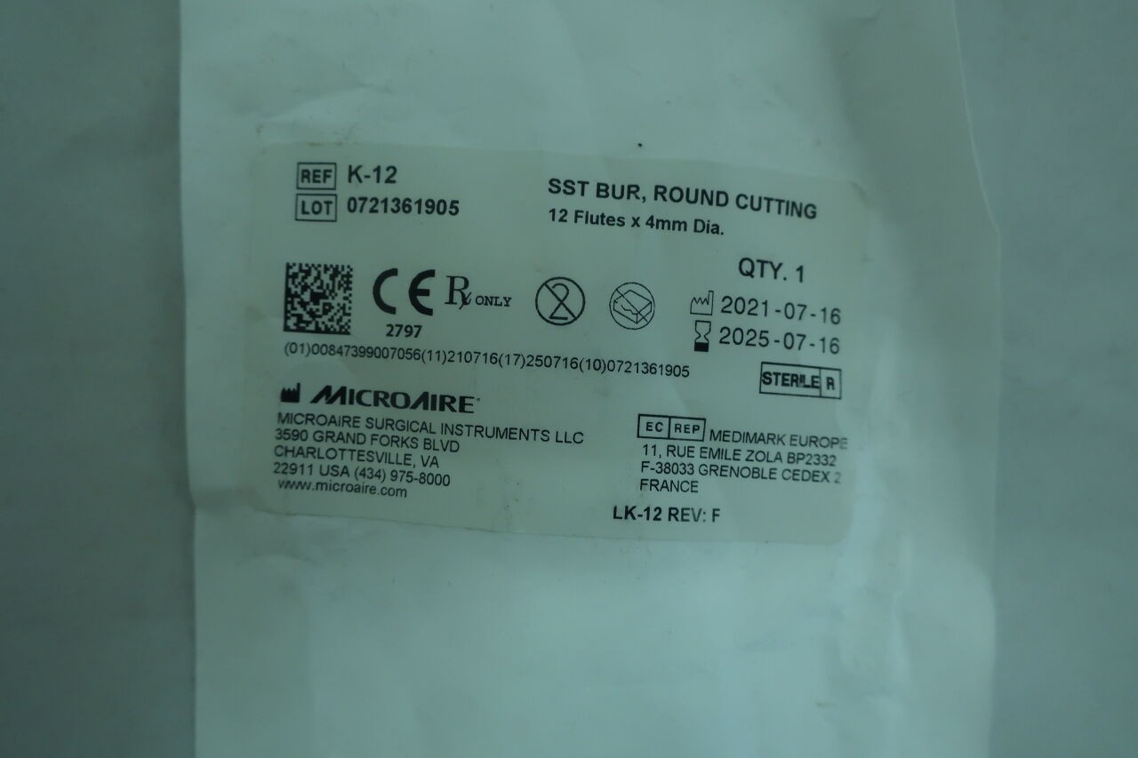 K-12 - MICRO-AIRE - SST Bur, Round Cutting, 12 flutes x 4mm diameter, (EA) - ( Expiry Date: 2023-08-01 )
