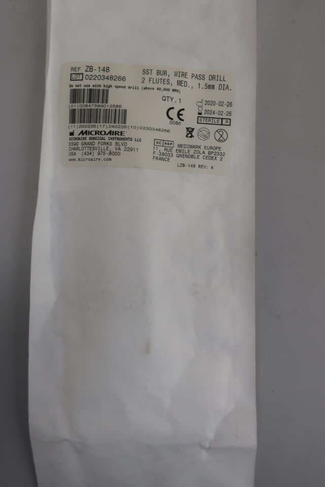 ZB-148 - MICRO-AIRE - SST BUR, WIRE PASS DRILL, 2 FLUTES, MED., 1.5mm DIA, (EA) - ( Expiry Date: 2024-02-26 )