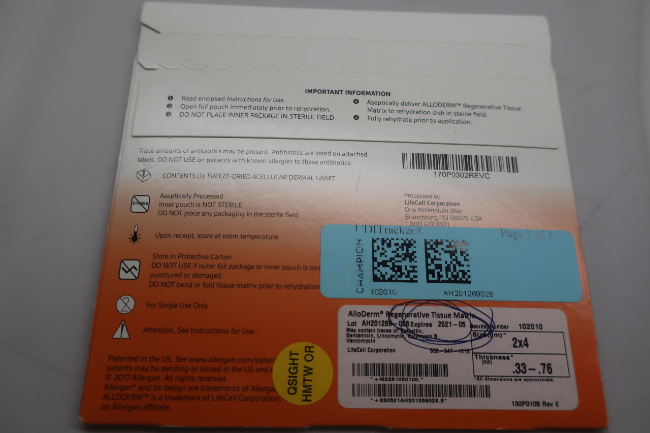102010 - ALLERGAN - ALLODERM REGENERATIVE TISSUE MATRIX 2cm x 4cm, .33mm -.76mm thickness, (EA) - ( Expiry Date: 2021-04-01 )