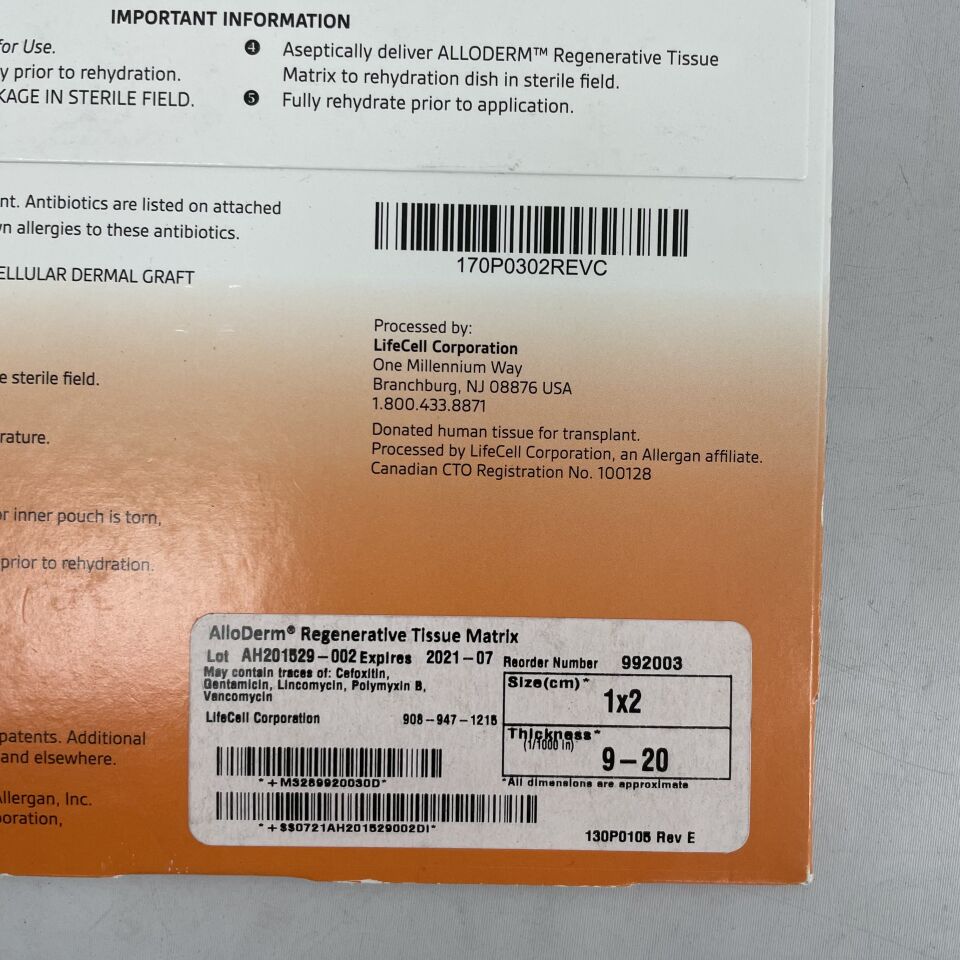 992003 - ALLERGAN - ALLODERM REGENERATIVE TISSUE MATRIX 1cm x 2cm, 9-20(1/1000 in) thickness, (EA) - ( Expiry Date: 2021-07-01 )