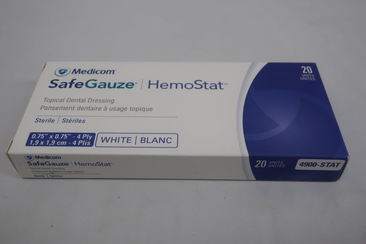 4900-STAT - MEDICOM - SafeGauze HemoStat, Topical Dental Dressing, 4 Ply, White 0.75" x 0.75", (BX/20) - ( Expiry Date: 2022-12-27 )