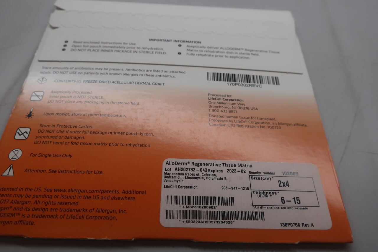 102009 - ALLERGAN - ALLODERM REGENERATIVE TISSUE MATRIX 2cm x 4cm, 6-15(1/1000 in) thickness, (EA) - ( Expiry Date: 2023-02-01 )