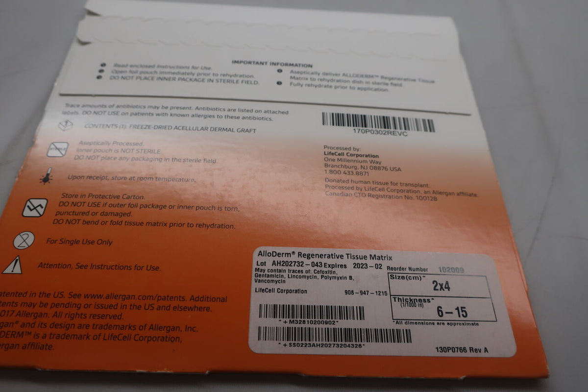 102009 - ALLERGAN - ALLODERM REGENERATIVE TISSUE MATRIX 2cm x 4cm, 6-15(1/1000 in) thickness, (EA)