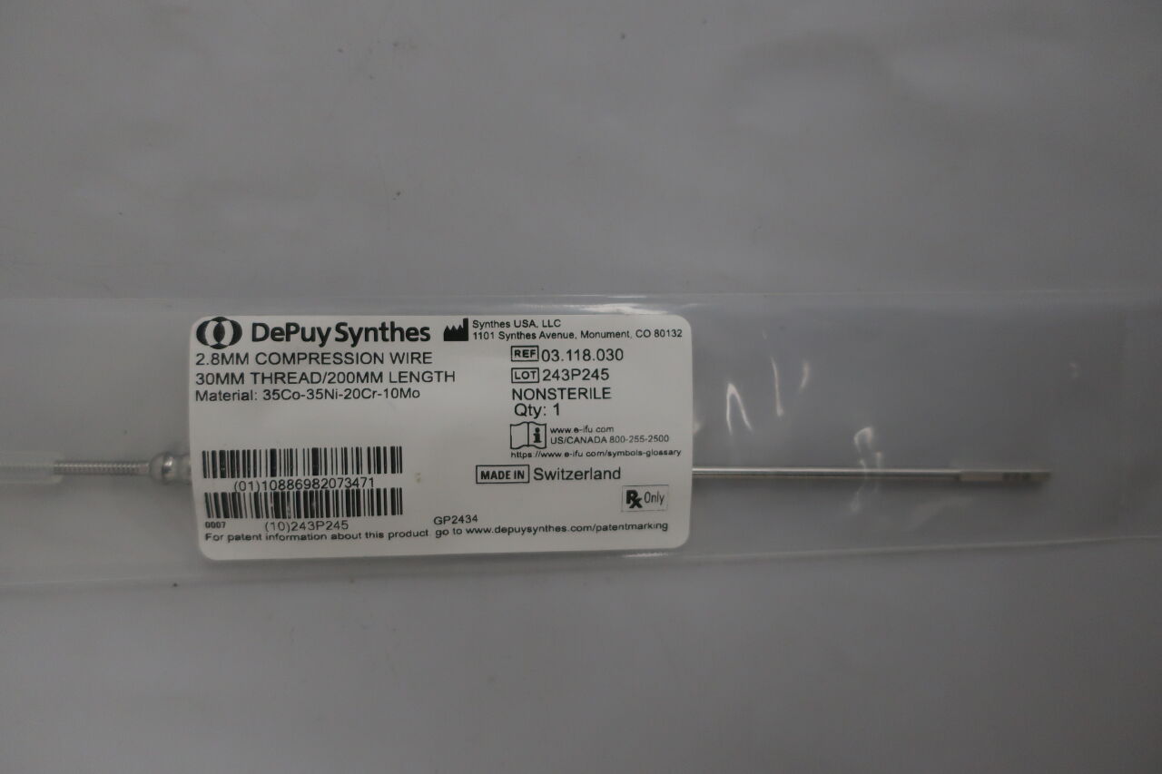 03.118.030 - SYNTHES - COMPRESSION Wire, 2.8mm size, 30mm THREAD, 200mm length Bone nail guidewire, (EA) - ( Expiry Date: 2023-03-31 )