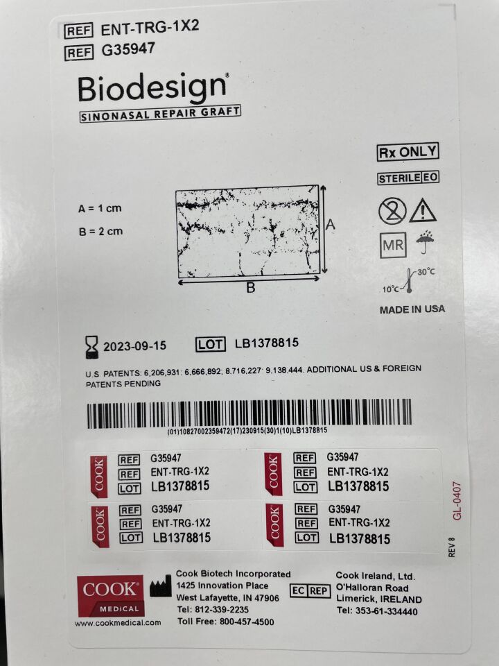G35947 - COOK - Biodesign Sinonasal Repair Graft, 1cm x 2cm, () - ( Expiry Date: 2023-09-15 )