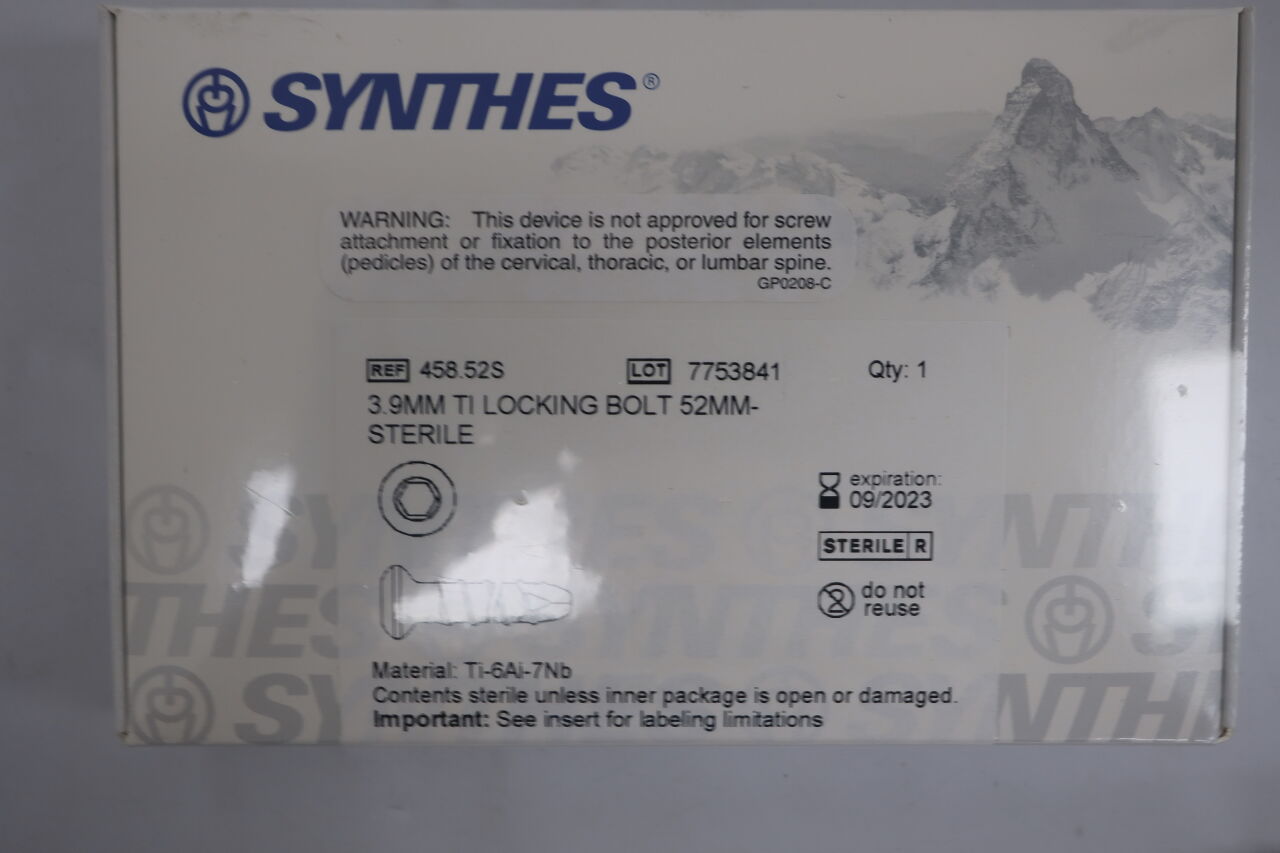 458.52S - SYNTHES - LOCKING BOLT, titanium, 3.9mm x 52mm, (BX/1) - ( Expiry Date: 2023-09-30 )