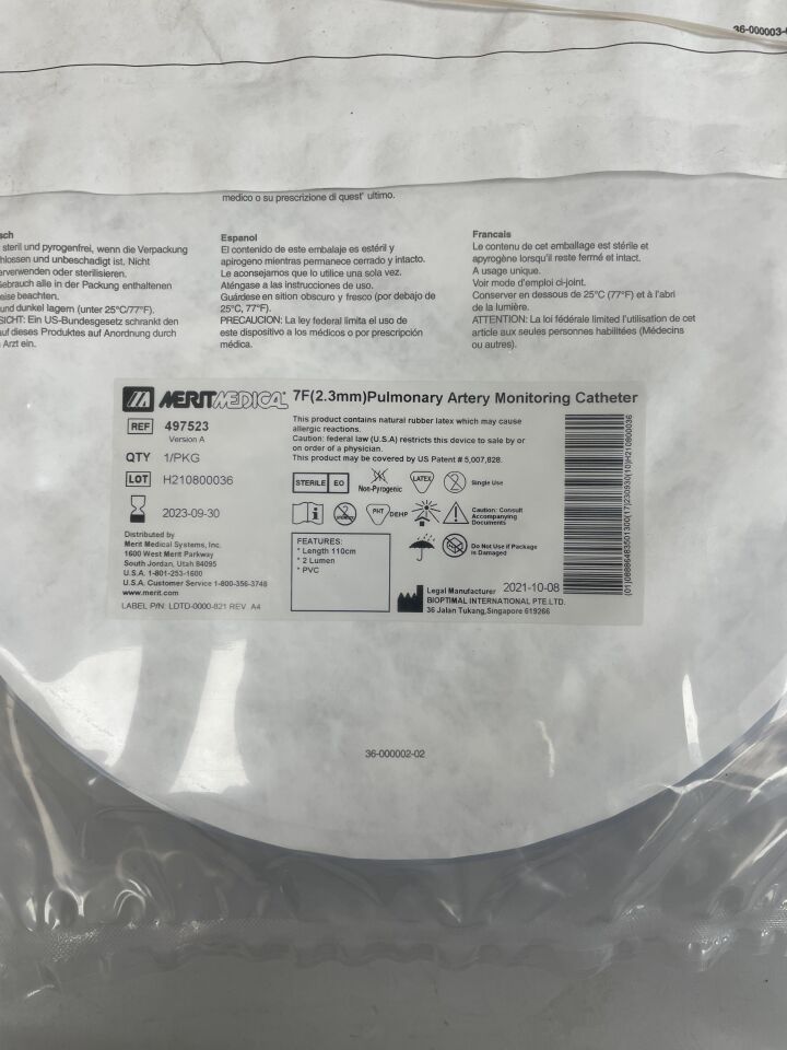 497523 - MERIT MEDICAL - PULMONARY ARTERY Monitoring catheter, 7F x 110cm length, 2 lumen, PVC, (EA) - ( Expiry Date: 2023-09-30 )