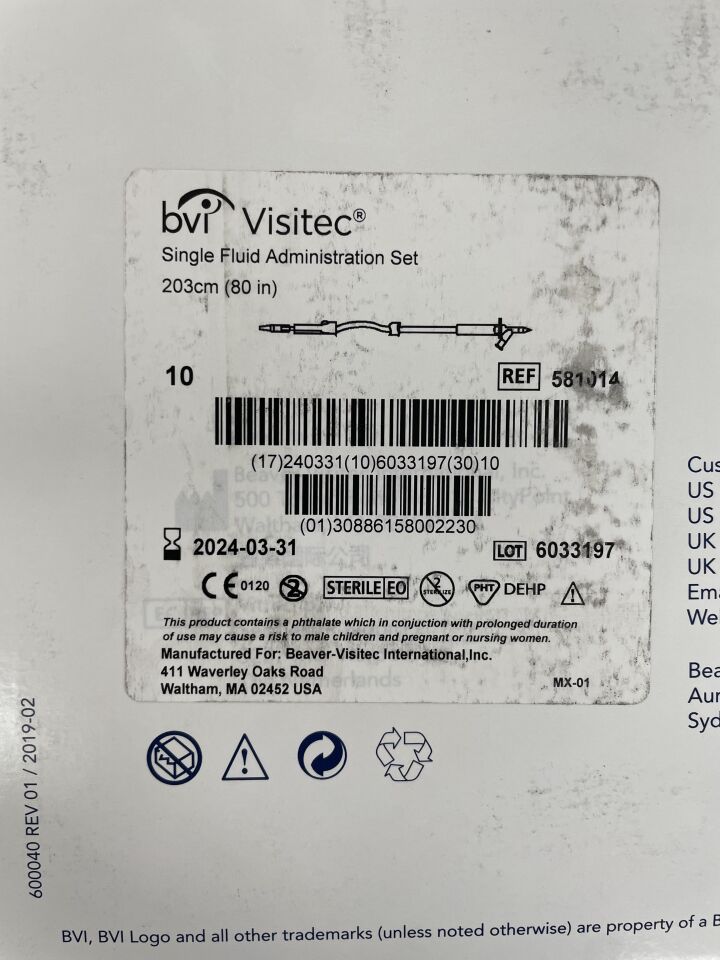 581014 - BEAVER VISITEC - Single Fluid Administration Set. Tubing length 203cm, (BX/10) - ( Expiry Date: 2024-03-31 )