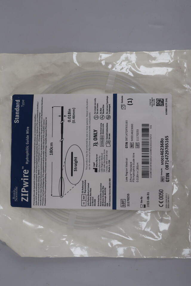 46236B - BOSTON SCIENTIFIC - ZIPwire Hydrophilic guidewire, Standard, straight, 0.018inch x 180cm, (EA) - ( Expiry Date: 2023-11-20 )
