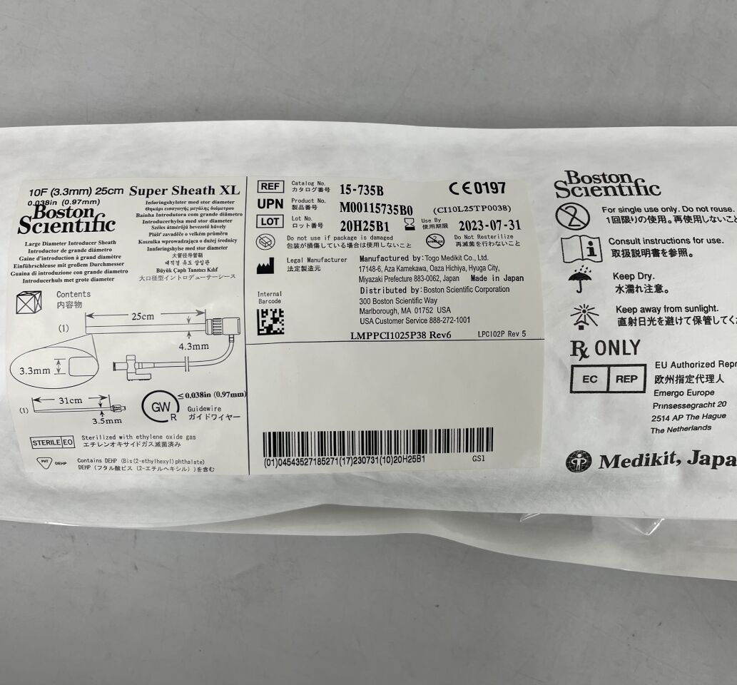 15-735B - BOSTON SCIENTIFIC - Super Sheath XL Large Diameter Introducer Sheath, 10F x 25cm length, (EA) - ( Expiry Date: 2023-07-31 )