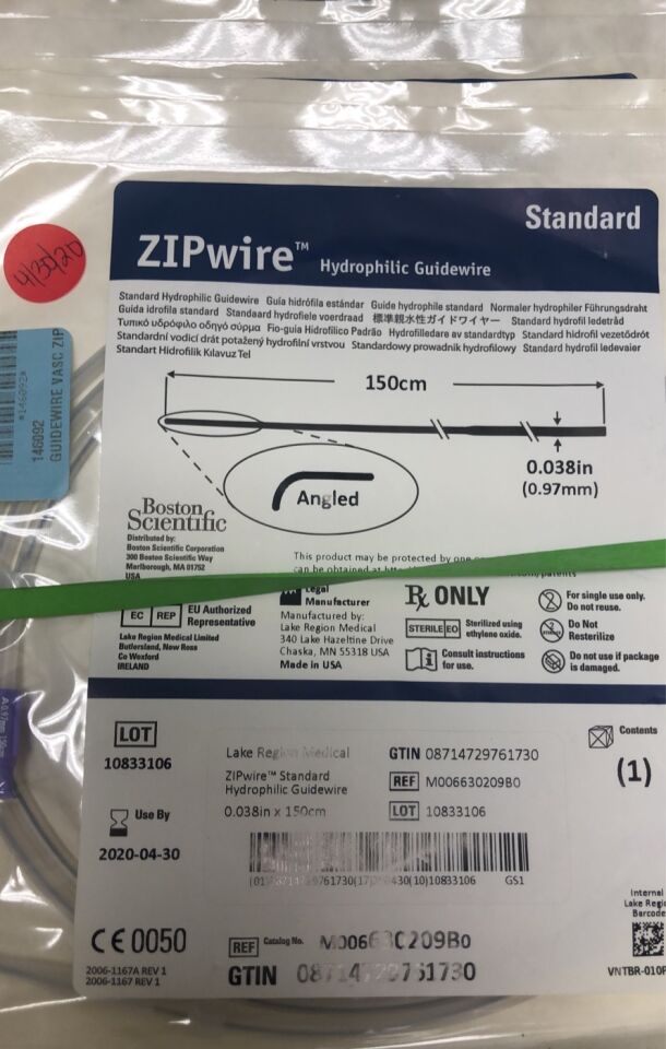630209B - BOSTON SCIENTIFIC - ZIPwire Hydrophilic guidewire, 150cm x 0.038 inch, Angled tip, () - ( Expiry Date: 2022-07-31 )