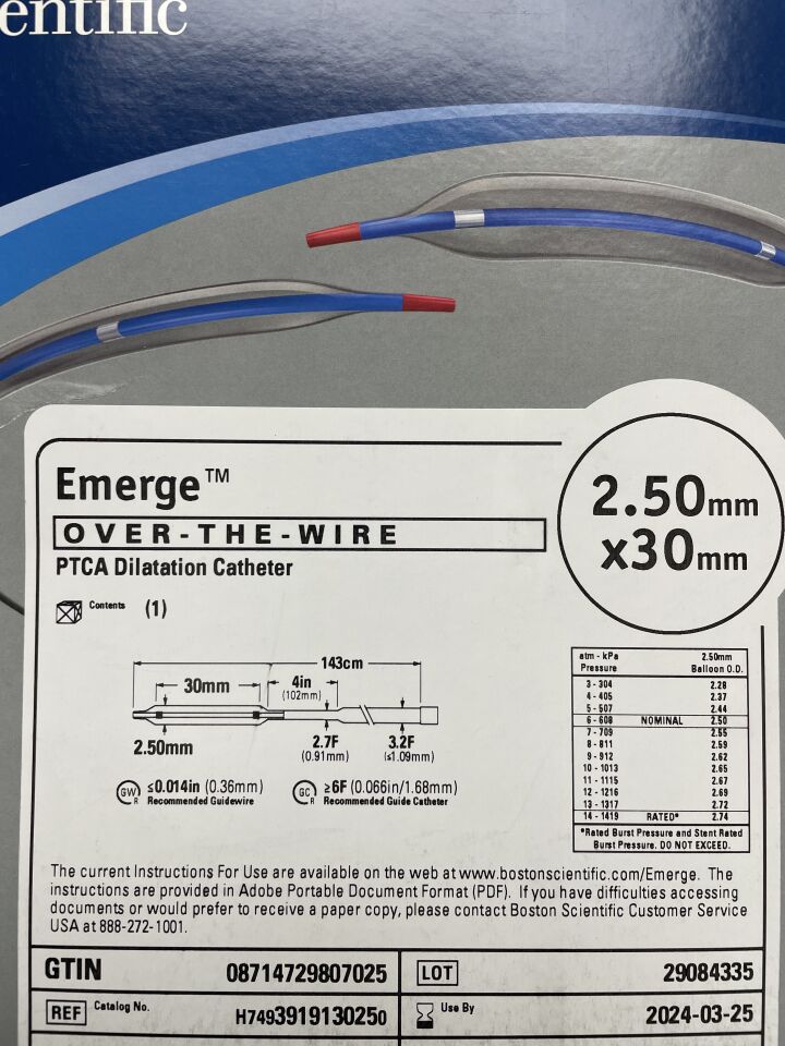 391913025 - BOSTON SCIENTIFIC - Emerge Over The Wire PTCA Dilation Catheter, 2.50mm x 30mm, (BX/1) - ( Expiry Date: 2024-03-25 )