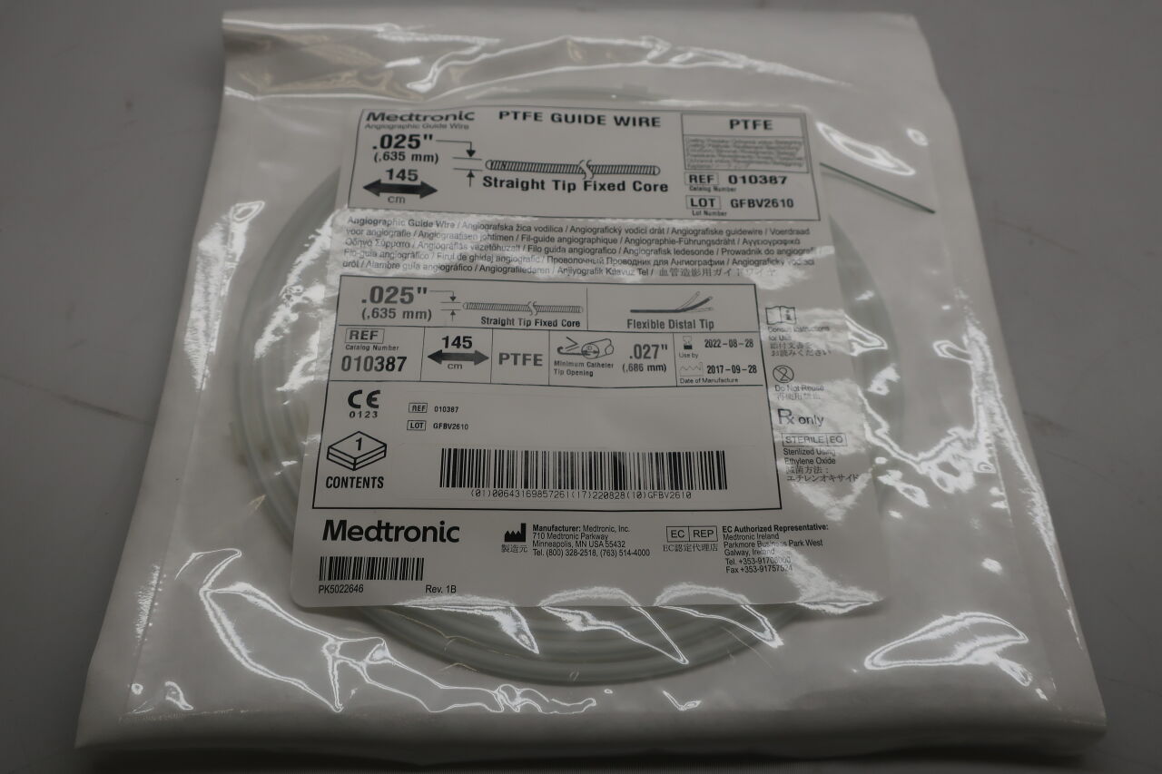 10387 - MEDTRONIC - PTFE Guidewire, Straight Tip Fixed Core, .025" x 145cm, flexible distal tip, (EA) - ( Expiry Date: 2022-08-28 )