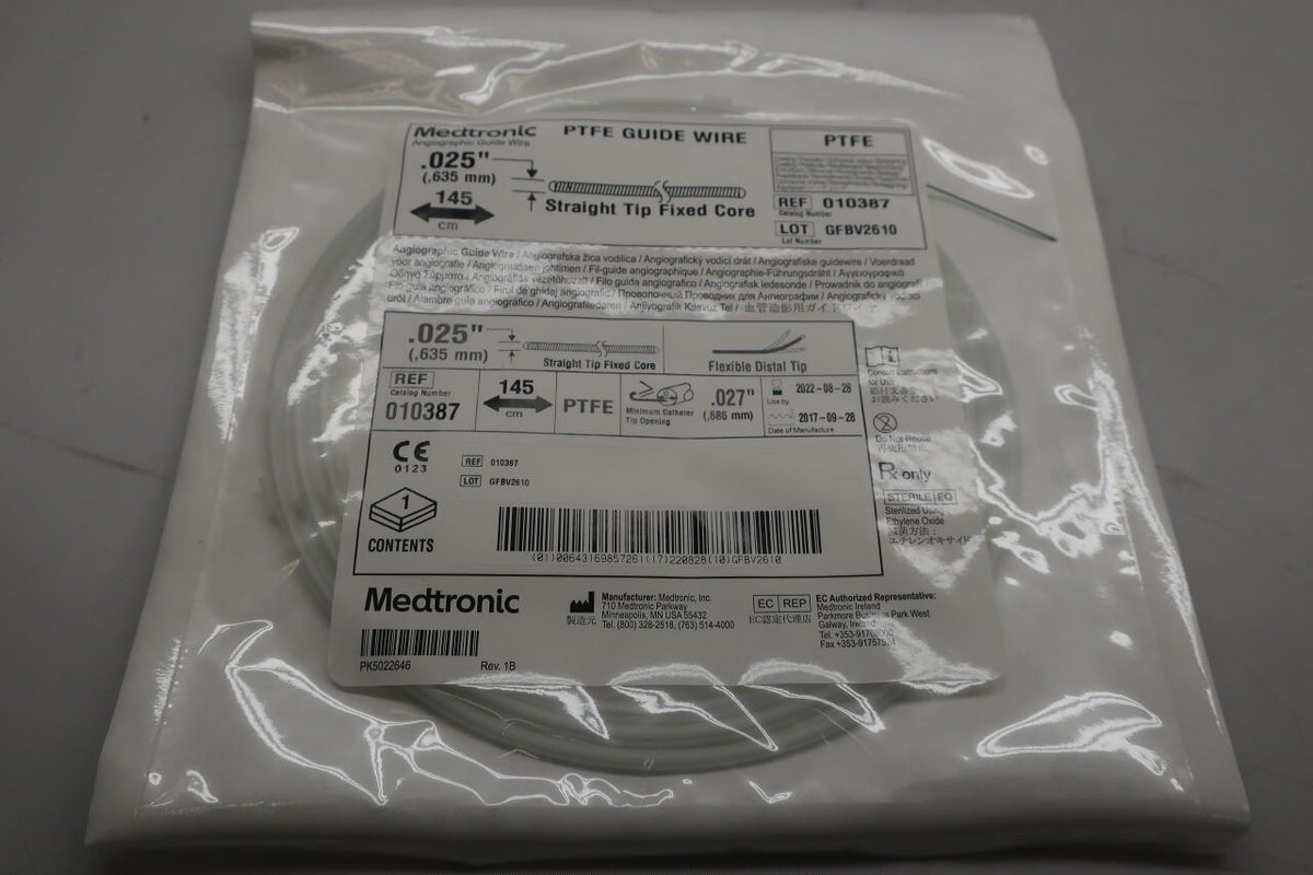 10387 - MEDTRONIC - PTFE Guidewire, Straight Tip Fixed Core, .025" x 145cm, flexible distal tip, (EA)