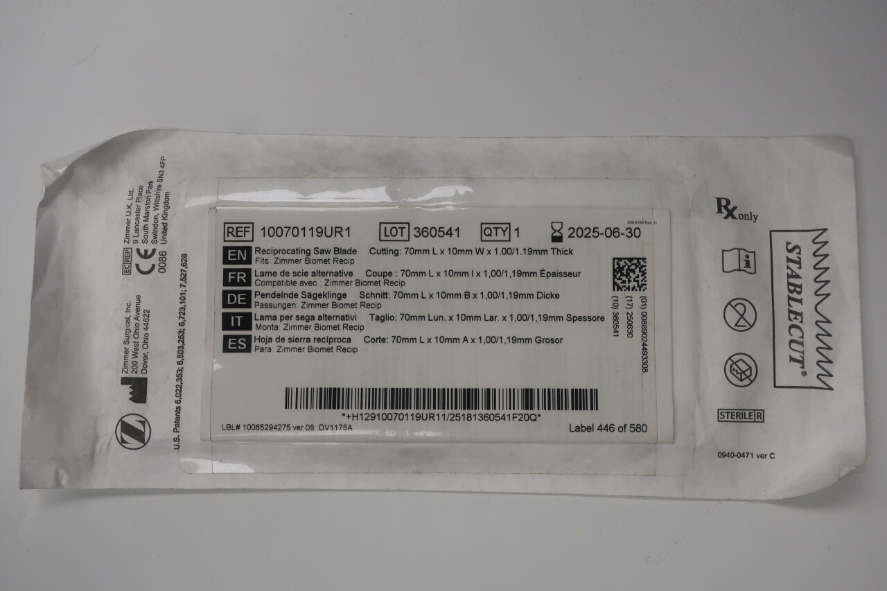 10070119UR1 - ZIMMER - stablecut, reciprocating saw blade, 10mm x 70mm x 1.19mm , ( EA ) - ( Expiry Date : 2025-06-30 )