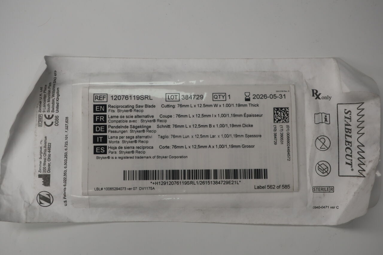 12076119SRL - ZIMMER - stablecut reciprocating saw blades 12.5x76x1.19l , ( ) - ( Expiry Date : 2026-05-31 )