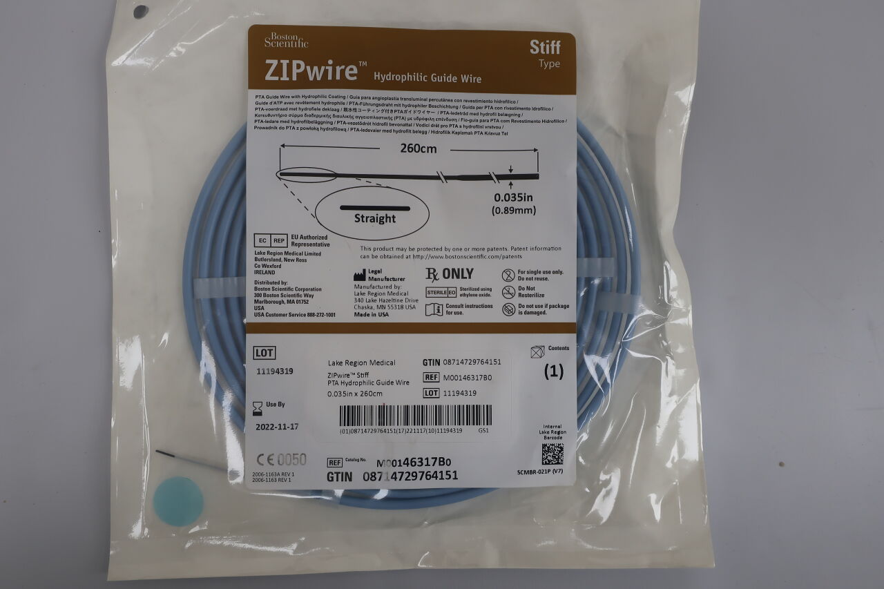 46317B - BOSTON SCIENTIFIC - ZIPWire Hydrophilic Guidewire, Stiff, 0.035" x 260cm, straight, (EA) - ( Expiry Date: 2023-09-18 )