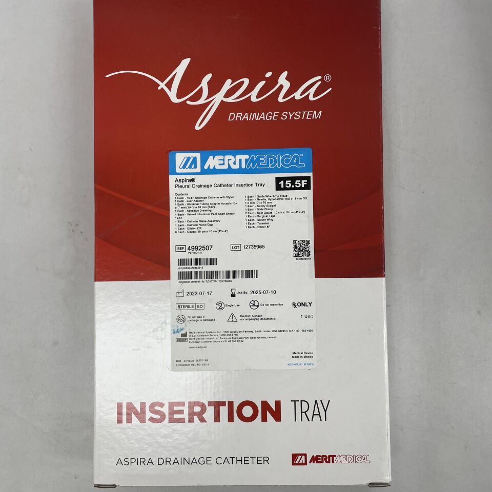 4992507 - MERIT - Kit de inserción de catéter de drenaje pleural Aspira, 15,5 F, bolsa de drenaje de 1 litro
, ( ) - ( Fecha de vencimiento : 2025-07-10 )
