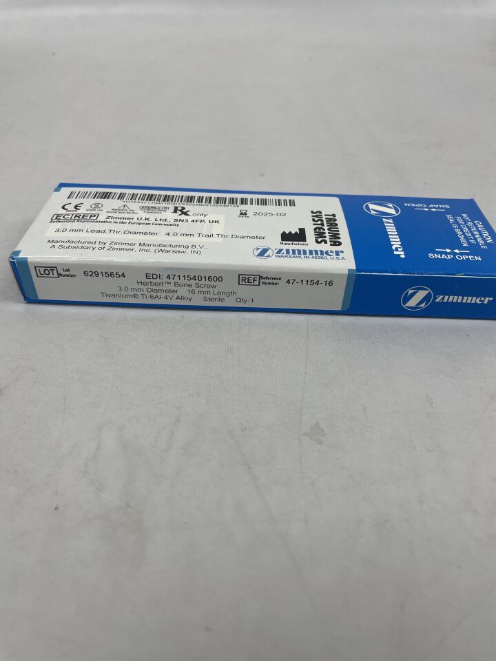 47-1154-16 - ZIMMER - Herbert Bone Screw, 3.0mm diameter, 16mm length, 4.0mm trail thread diameter , ( BX/1 ) - ( Expiry Date : 2025-02-01 )