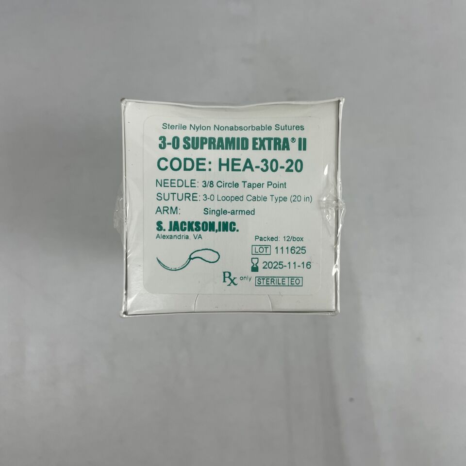 HEA-30-20 - S JACKSON - SUPRAMID EXTRA II Looped Cable Suture, Nylon, 20" Loop, white, USP 3-0, 3/8 Circle Taper Point , ( BX/12 ) - ( Expiry Date : 2025-11-16 )