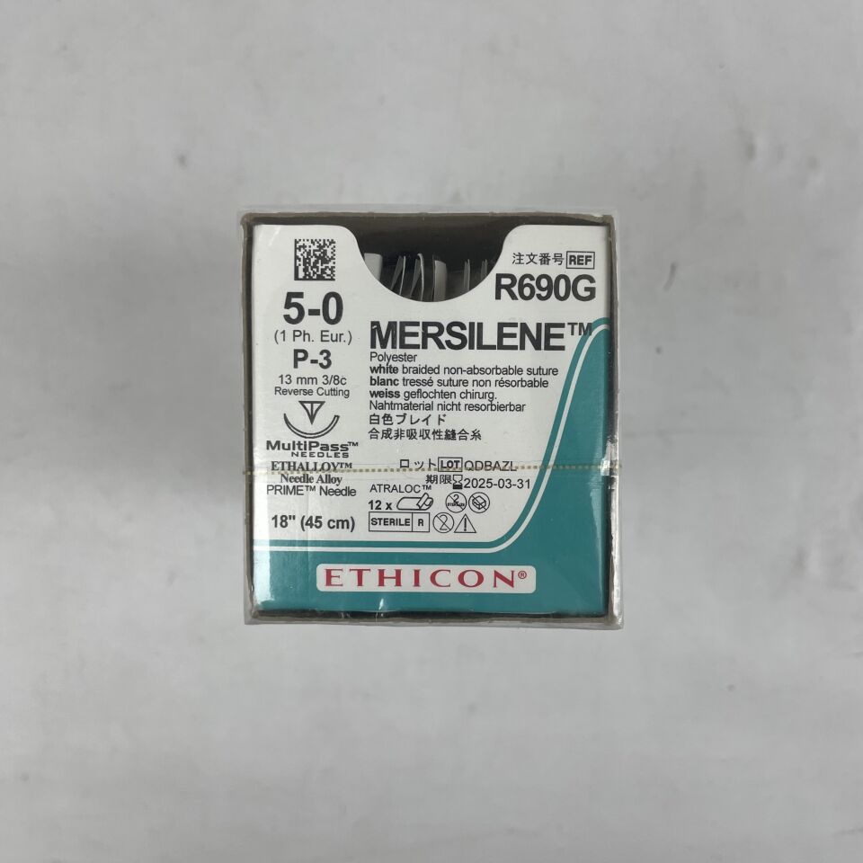 R690G - ETHICON - MERSILENE 縫合線,聚酯纖維,白色編織不可吸收,5-0,18 英吋長,(盒裝/12)-(有效期至:2025-03-31)