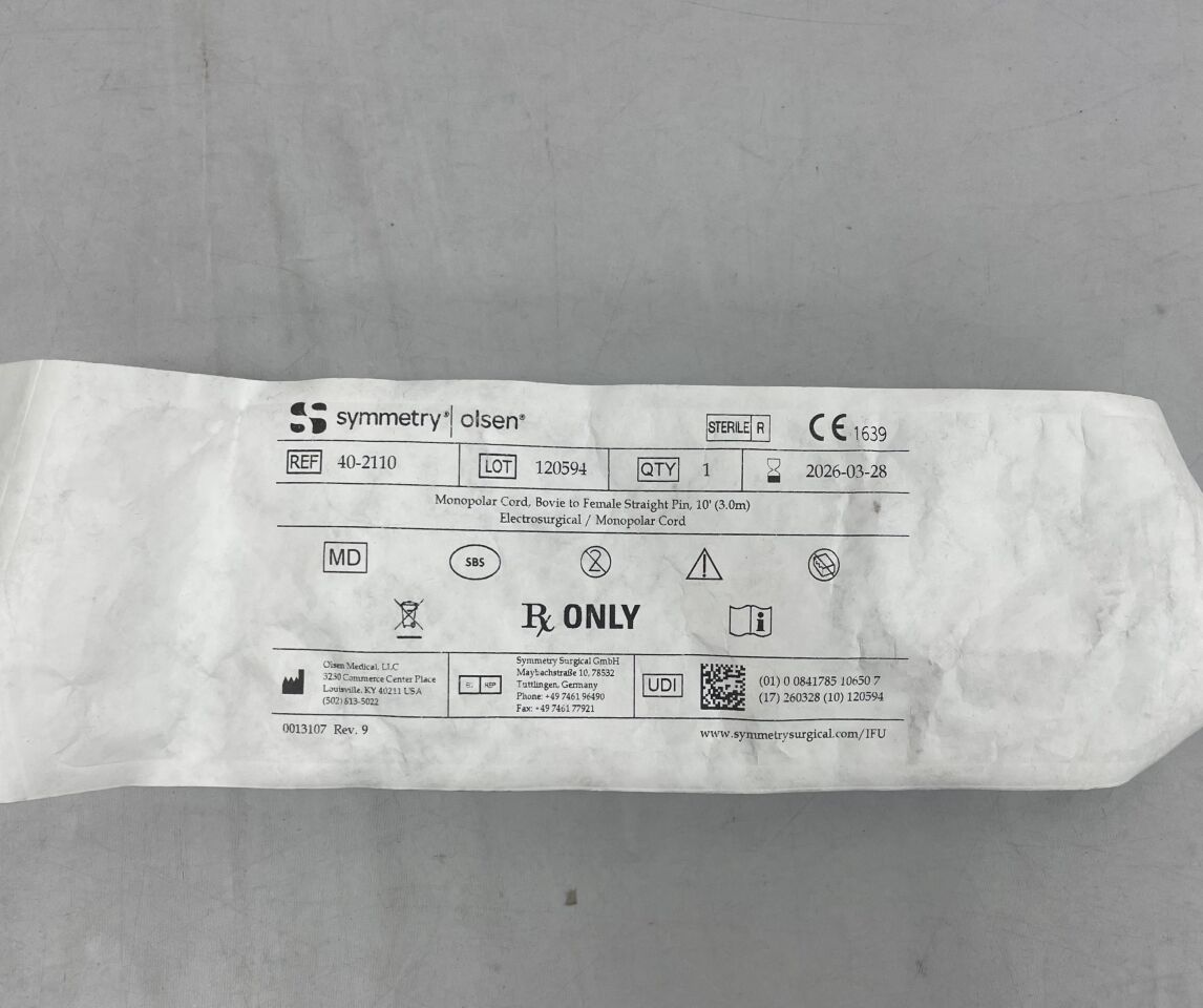 40-2110 - SYMMETRY - Olsen Monopolar Cord, 10ft, Bovie to Straight 4mm Socket, Electrosurgical , ( EA ) - ( Expiry Date : 2026-03-28 )
