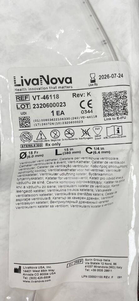 VT-16118 - LIVANOVA - Ventricular vent cannula, 18Fr, 15inch length, 1/4" connector, (EA) - ( Expiry Date: 2026-07-24 )