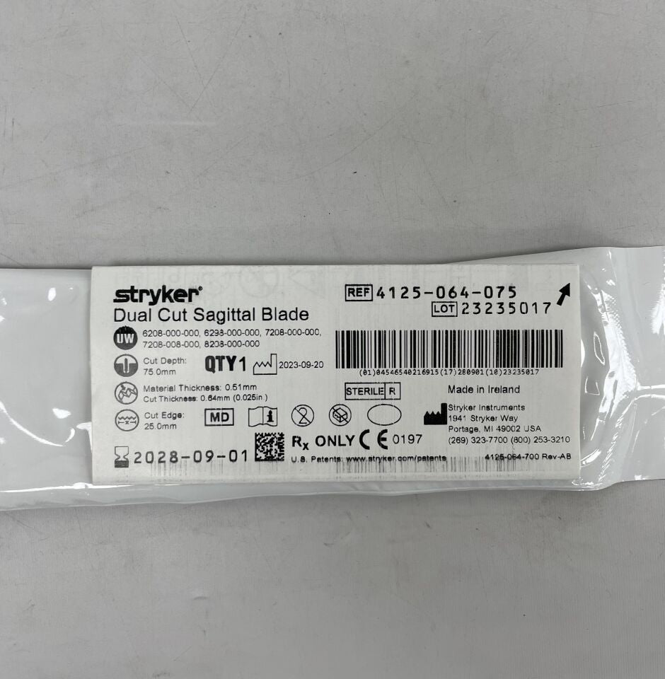 4125-064-075 - STRYKER - Dual Cut Sagittal Blade 25MM X 75MM X 0.64MM , ( EA ) - ( Expiry Date : 2028-09-01 )