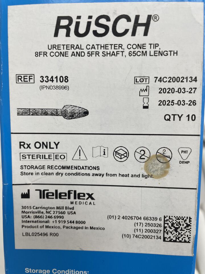 334108 - TELEFLEX - RuSCH Ureteral Catheter, Cone Tip, 8Fr cone and 5ft shaft, 65cm length, (BX/10) - ( Expiry Date: 2025-03-26 )