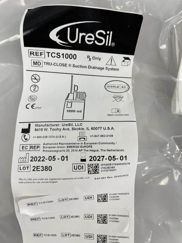 TCS1000 - URESIL - Tru-Close Suction Drainage System, 1000ml , ( EA ) - ( Expiry Date : 2027-05-01 )