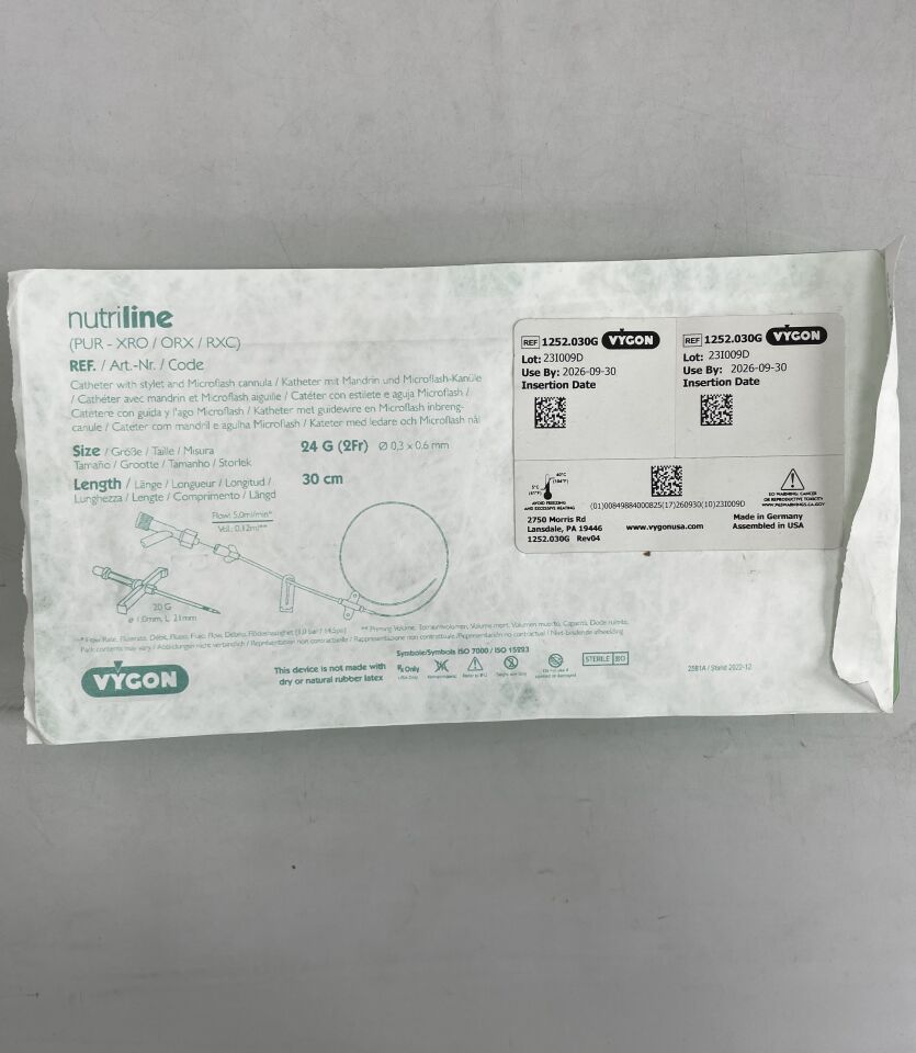 1252.030G - VYGON - NUTRILINE 導尿管,帶導尿針和微型閃光套管,24G/2FR x 30cm,(EA)-(有效期至:2026-09-30)