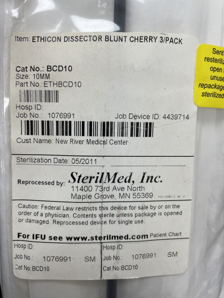 BCD10REP - STERILMED - Reprocessed Ethicon, Endopath 10mm Endoscopic Blunt Cherry Dissectors, pack of 3, 40.5cm length, (EA) - ( Expiry Date: 2011-08-01 )