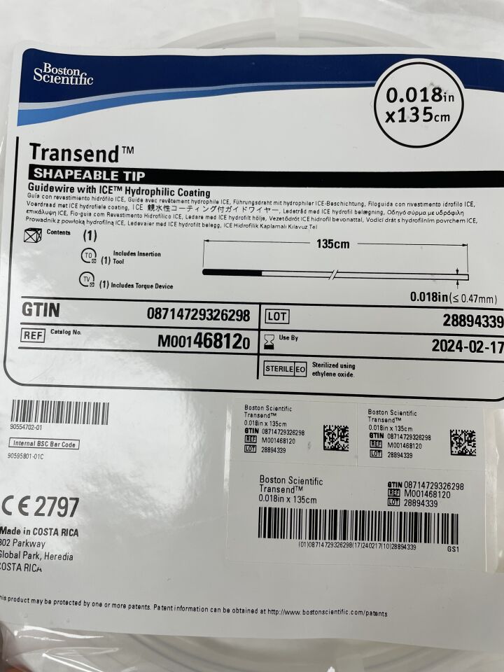 46812 - BOSTON SCIENTIFIC - Transend Guidewire with Ice Hydrophilic Coating, Shapeable Tip, 0.018" x 135cm, (EA) - ( Expiry Date: 2024-02-17 )