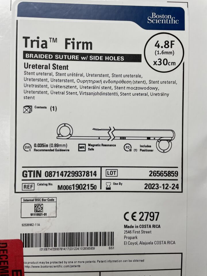 190215 - BOSTON SCIENTIFIC - Tria Firm Ureteral Stent Braided Suture w/Side Holes, 4.8F x 30cm, () - ( Expiry Date: 2023-12-24 )