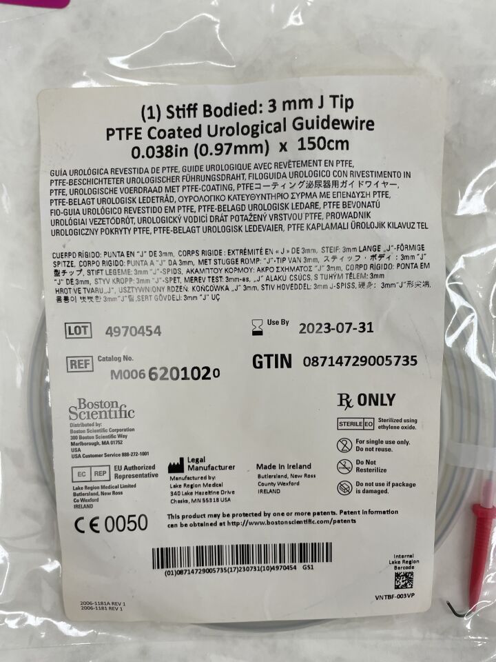 620102 - BOSTON SCIENTIFIC - Stiff Bodied 3mm J Tip, PTFE Coated Urological Guidewire, 0.038" x 150cm, (EA) - ( Expiry Date: 2023-07-31 )