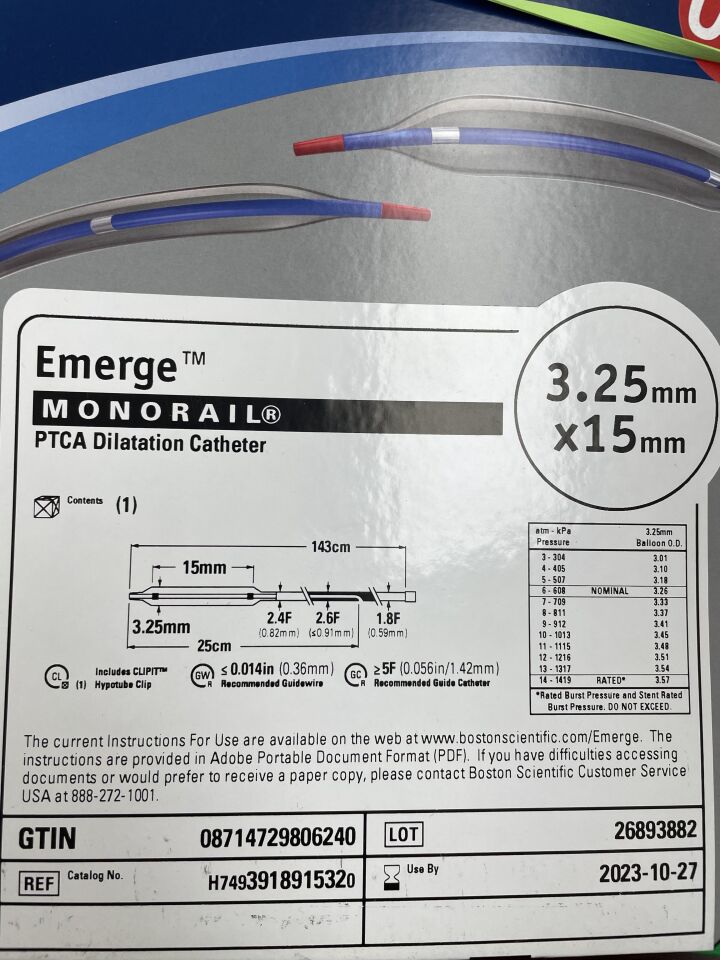 391891532 - BOSTON SCIENTIFIC - Emerge PTCA Dilatation Catheter, Monorail, 3.25mm x 15mm, (BX/1) - ( Expiry Date: 2023-10-27 )