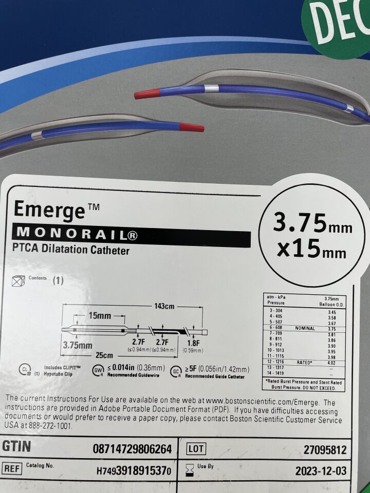 391891537 - BOSTON SCIENTIFIC - Emerge PTCA Dilatation Catheter, Monorail, 3.75mm x 15mm, (BX/1) - ( Expiry Date: 2023-12-03 )